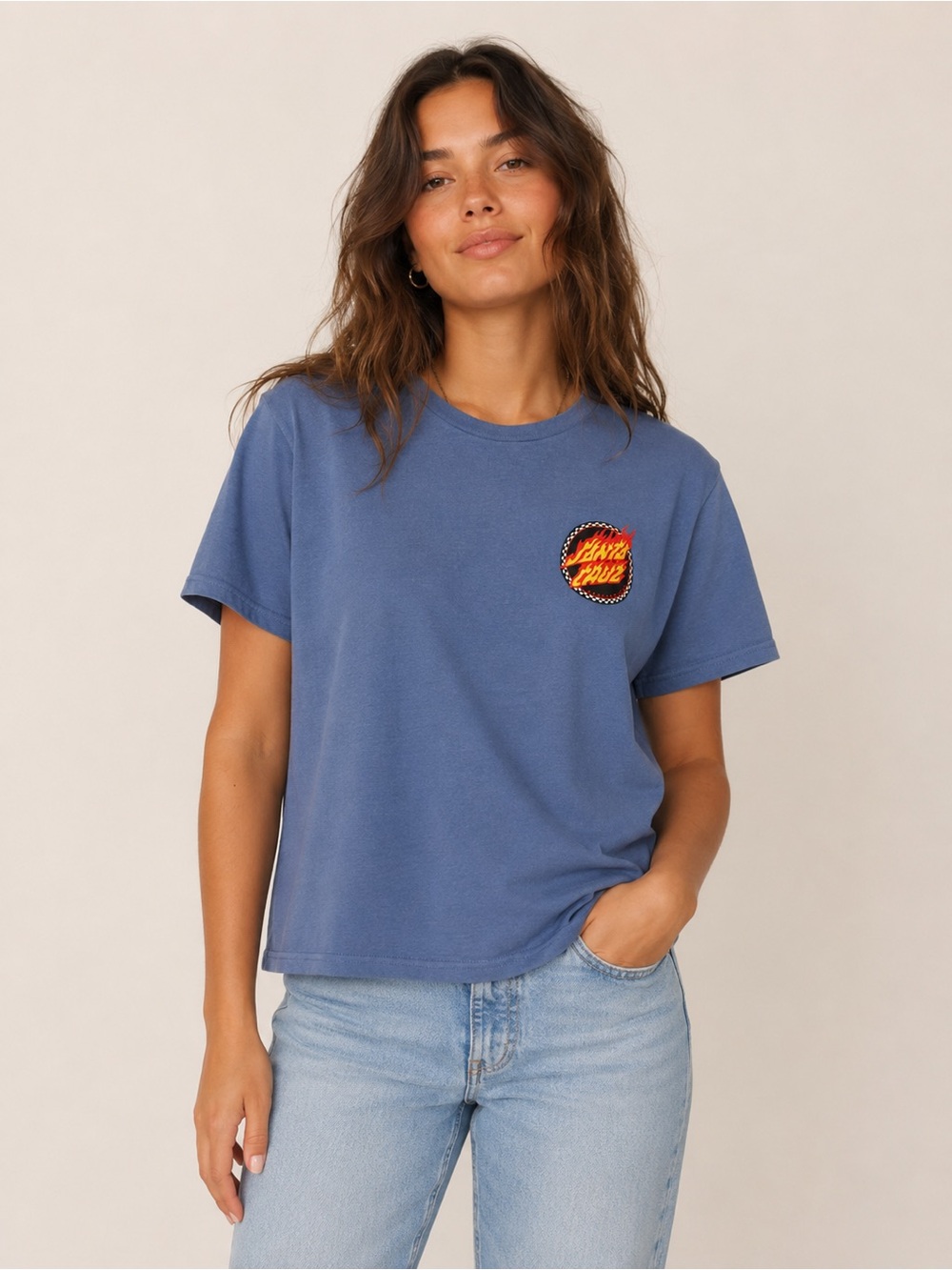 Santa Cruz Skateboards Flame Checkered Ring Logo T-Shirt Blue Women S/M Youth XL